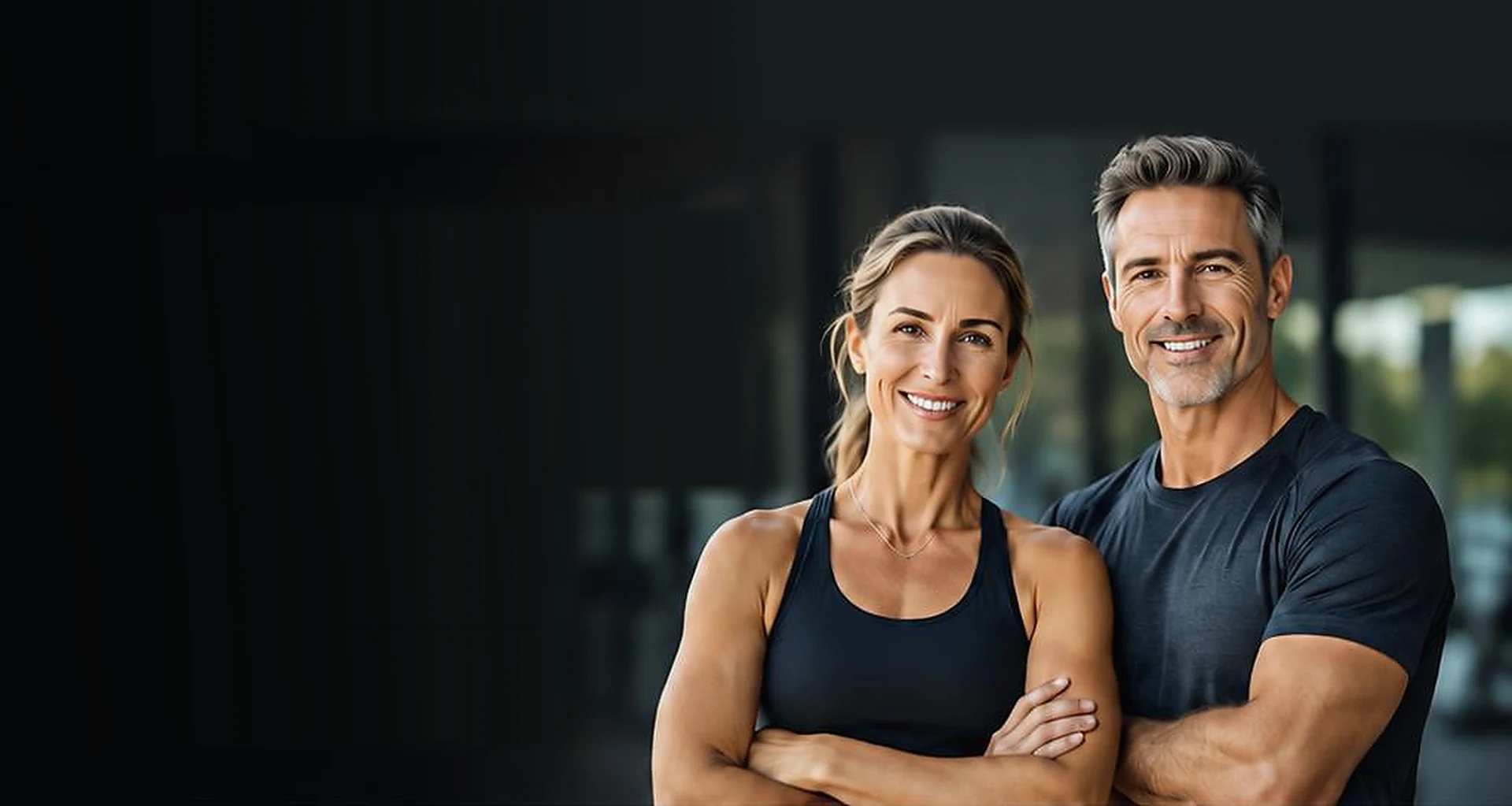 A smiling man and woman in athletic wear standing side by side